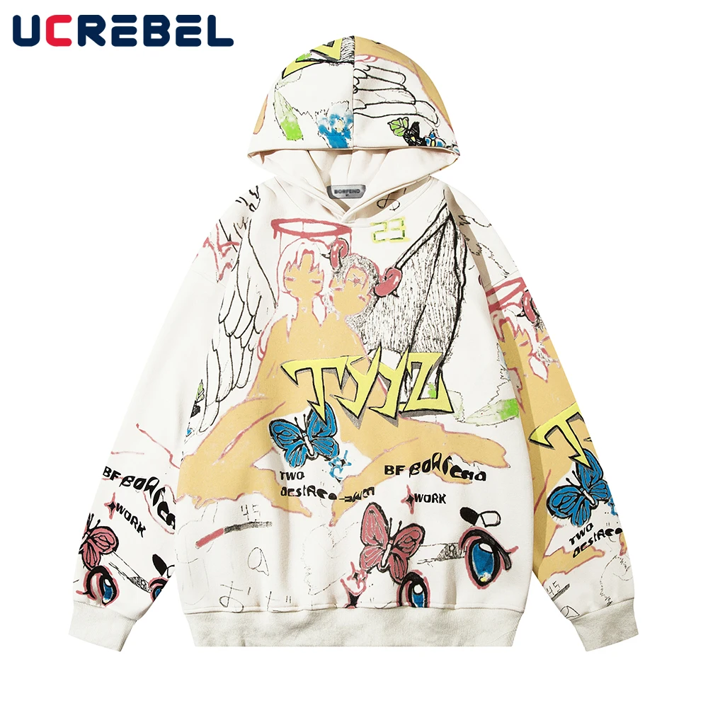 

Graffiti Print Hooded Sweatshirts Mens Streetwear Loose Full Print Long Sleeve Hoodies Men