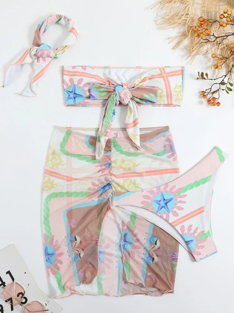 4 Pieces Bikini 2023 Women Swimwear Female Swimsuit with Mesh Beach Skirt Print Beachwear Bathers Bathing Swimming Swim Suit