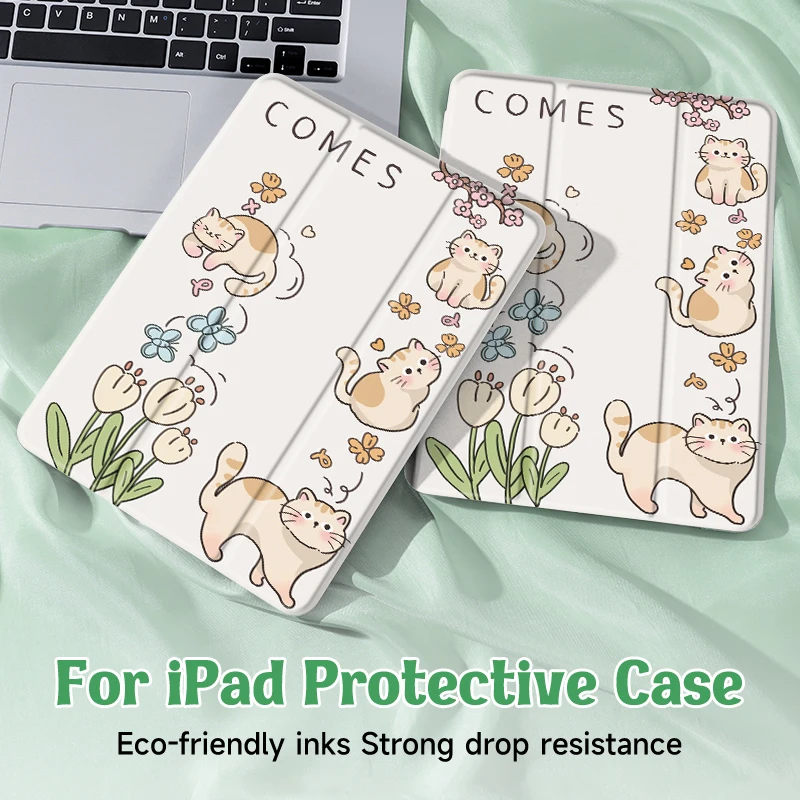 Adorable Cats Tablet Cover with Pencil Holder and Auto Wake/Sleep Function