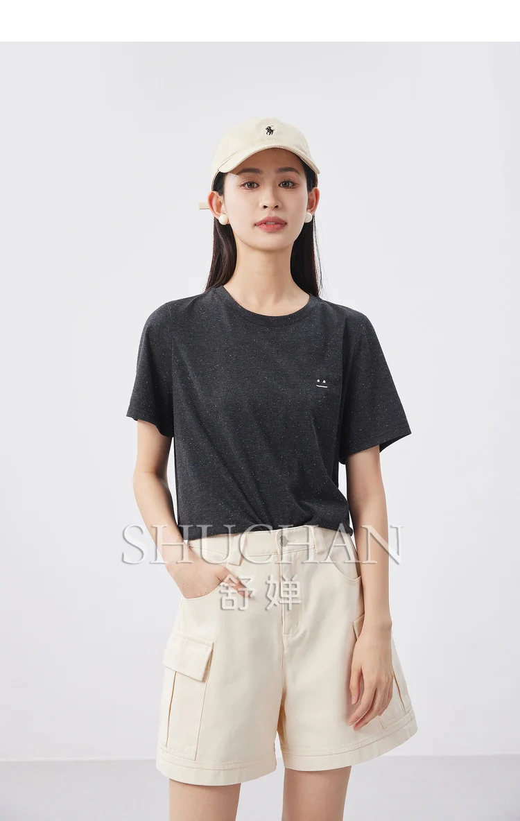 

Embroidery 2024 summer 73% cotton women t shirt short sleeve thin soft Medium Strecth t shirt women