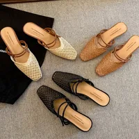 Vintage Woven 1 Slip-on Toe Half Slippers Women's New Outwear French Fairy Style Thick Heel Holiday Shoes - Image 2