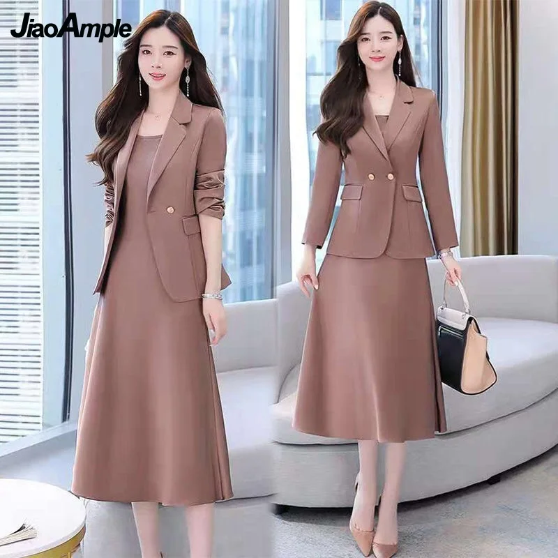 Women's Autumn Winter Suit Jacket Dress Set 2022 New Fashion Korean Elegant Temperament Blazers Suspender Midi Skirt Two-piece