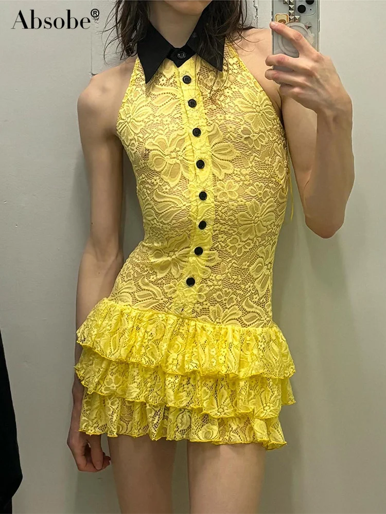 

Absobe мини-платье с воротником-поло и оборками, прозрачное кружевное контрастное женское прозрачное Плиссированное тонкое короткое платье Y2K