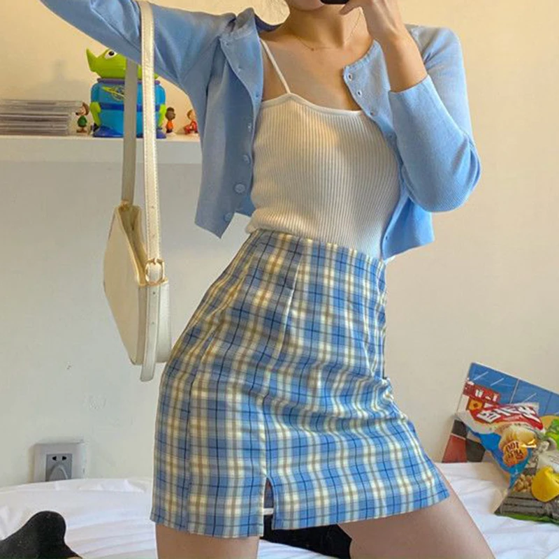Women's three-piece small suspender vest+sunscreen long-sleeved knit cardigan+high waist plaid skirt new summer 2024