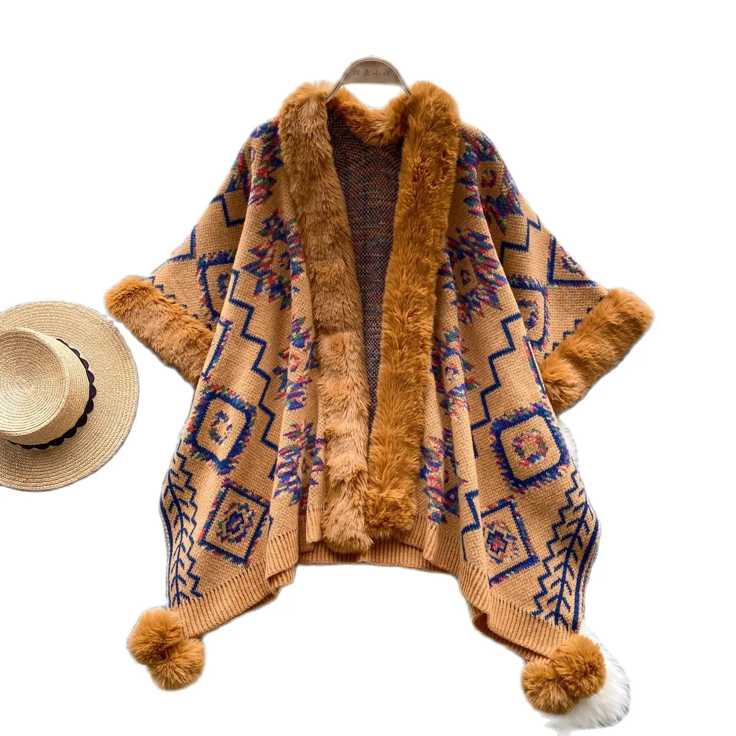 

Winter Jacket Womens Fur Collar Plaid Knitted Cloak Shawl Coat Female Fashion Plush Warm Outerwear