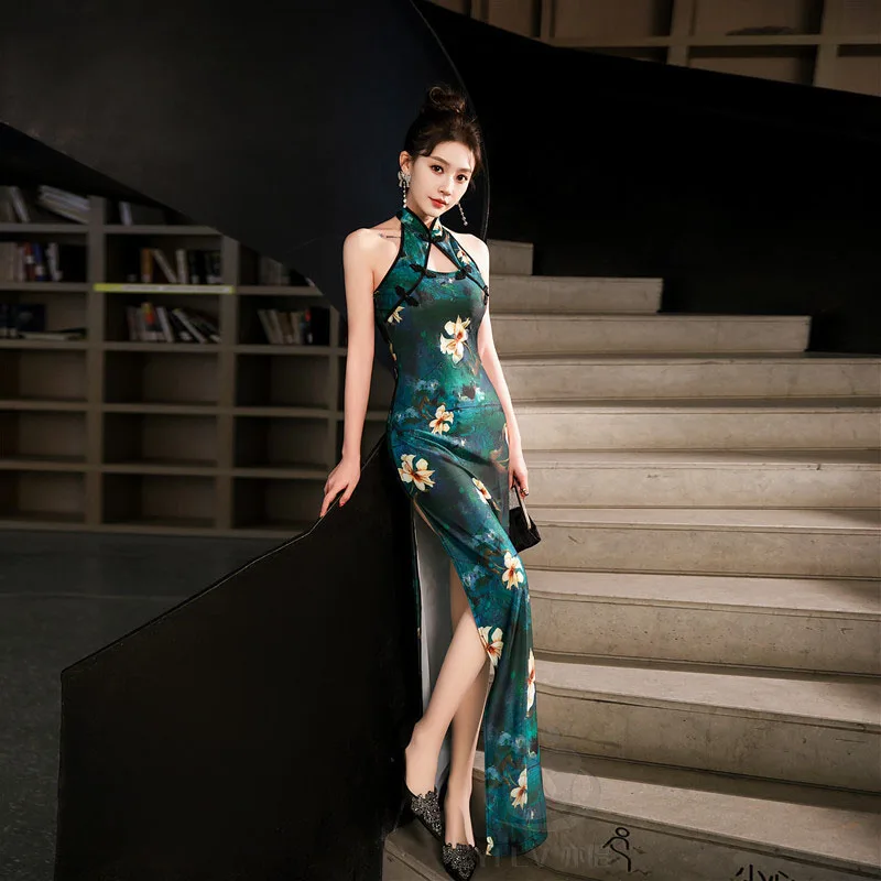 Green Blue Chinese National Cheongsam Women Summer Sexy Backless Dress Sleeveless Floral Vintage Dress Long Qipao S to 5XL