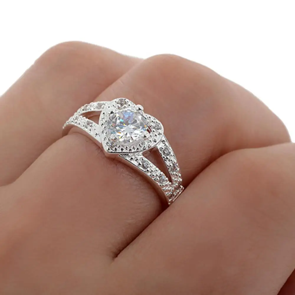 Silver Ring Women 925 Sterling Silver Crystal Love Heart Shaped Bridal Wedding Jewelry