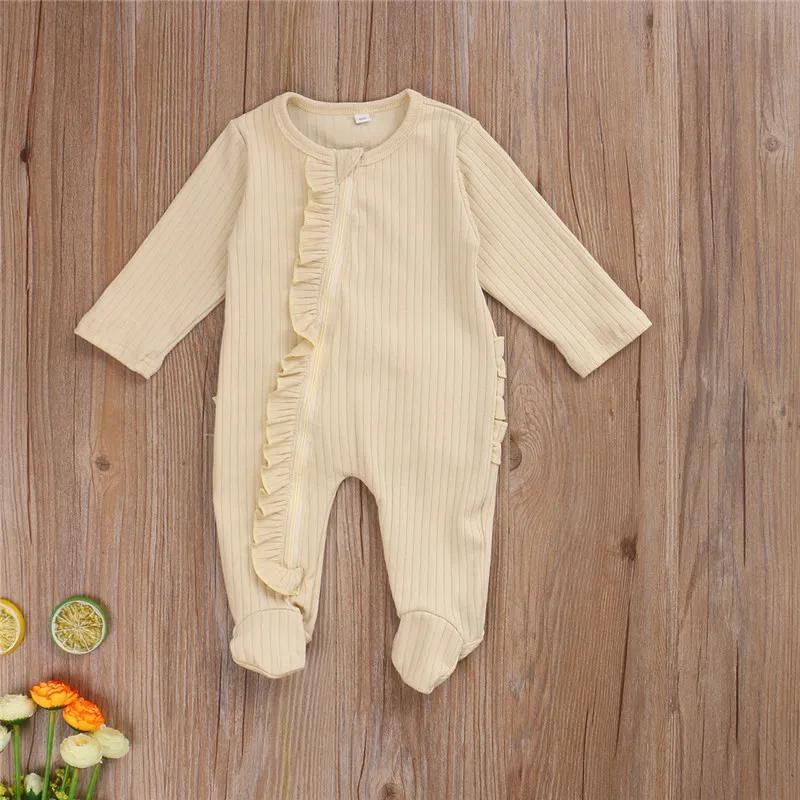 0-6months Newborn Girls Footed Pajamas Round Neck Zipper Footed Jumpsuit For Baby Girls Solid Color Ruffle Nightclothes Rompers