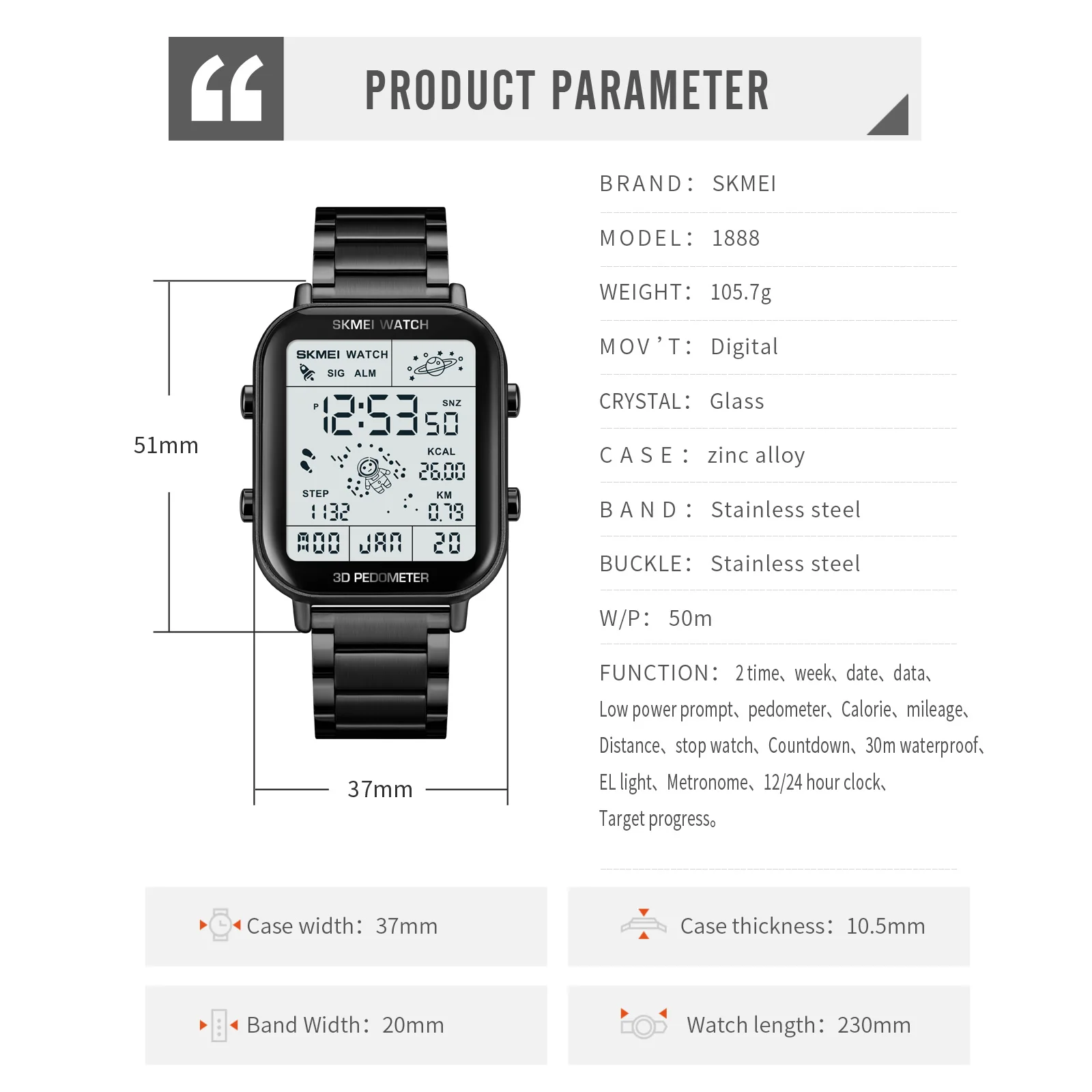 SKMEI 1888 Fashion Men's Watch Waterproof Sport Electronic Watches LED Digital Reloj Masculino Men Business Wristwatch Clock 6