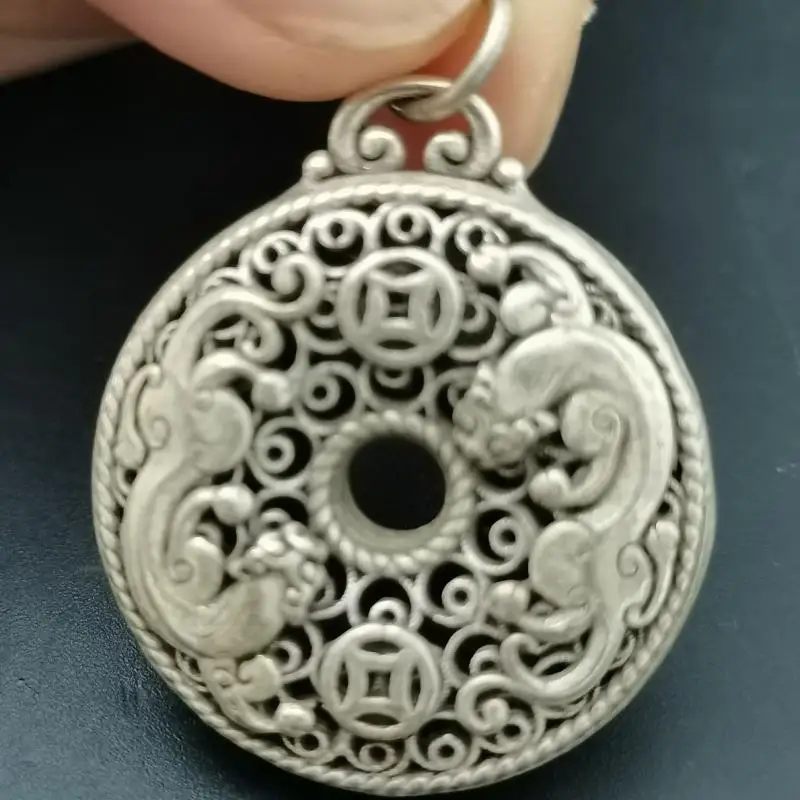 3.5Cm Rare Old China Miao Silver Feng Shui 2 Pixiu Beast Luck Collana Pendente