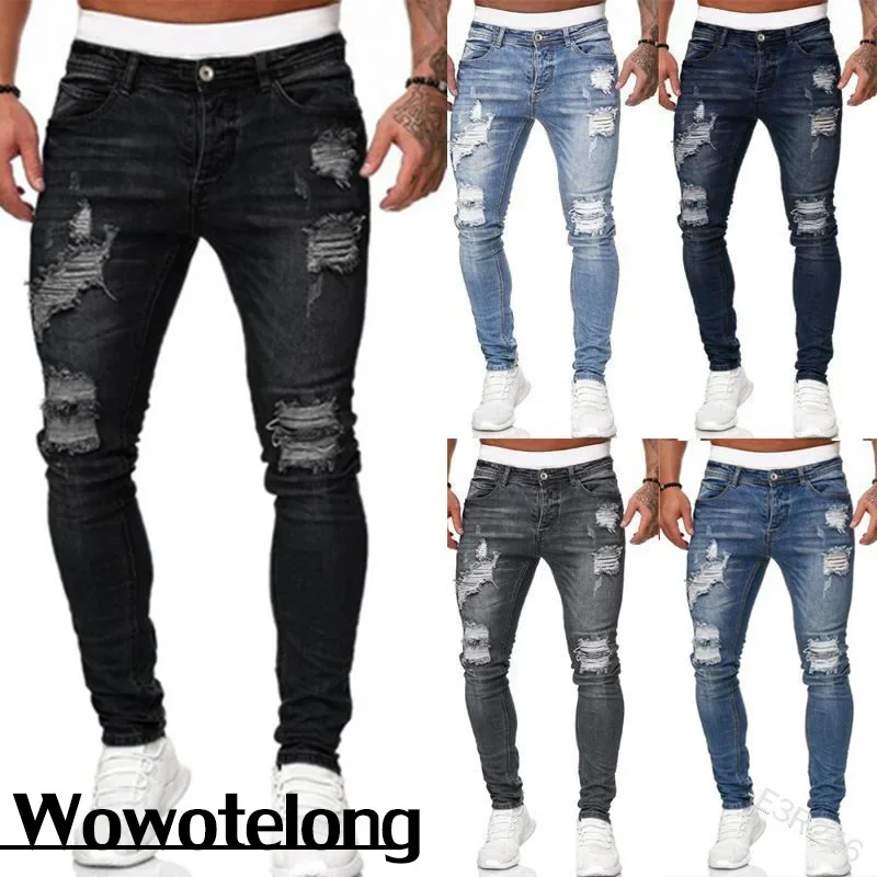 Casual Pants Men Cotton Stretchy Ripped Skinny Jeans High Quality Hip Hop Black Hole Slim Fit Oversize Denim Pants