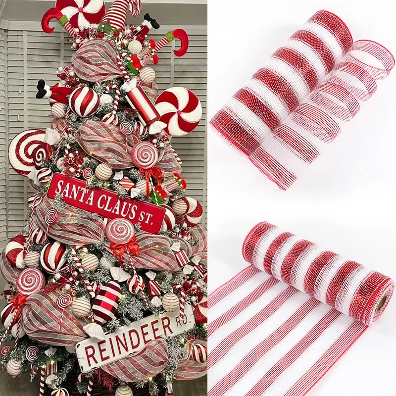 

10Yard Christmas Red White Metallic Mesh Ribbon Xmas Tree Candy Cane Ornament DIY Wreath Bow 2024 New Year Decor