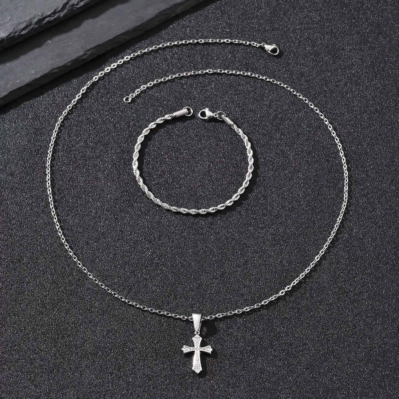 Vnox 2-teiliges Set Herren-Anhänger-Halskette und Armband, Schwarz-Gold-Silber-Farbe Edelstahl-Schmuckset, Trendige Schmuckgeschenke – Detail 16