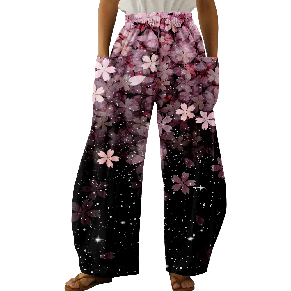 Spring Stylish Floral Pants Summer Casual Oversized Girls Y2K Trousers Women Pocket Trousers Wide Leg Pants Elegant Pantalon