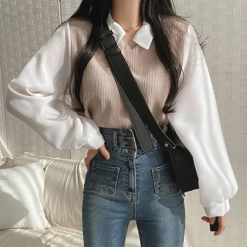 2023 New Blouses Women Chic Fake Two Thicked Shirts Blusas De Mujer Loose All-match Temperament Korean Tops Female L20234220 spring and autumn new french design sense retro stitching fake two gentle dresses show thin and sweet temperament robe