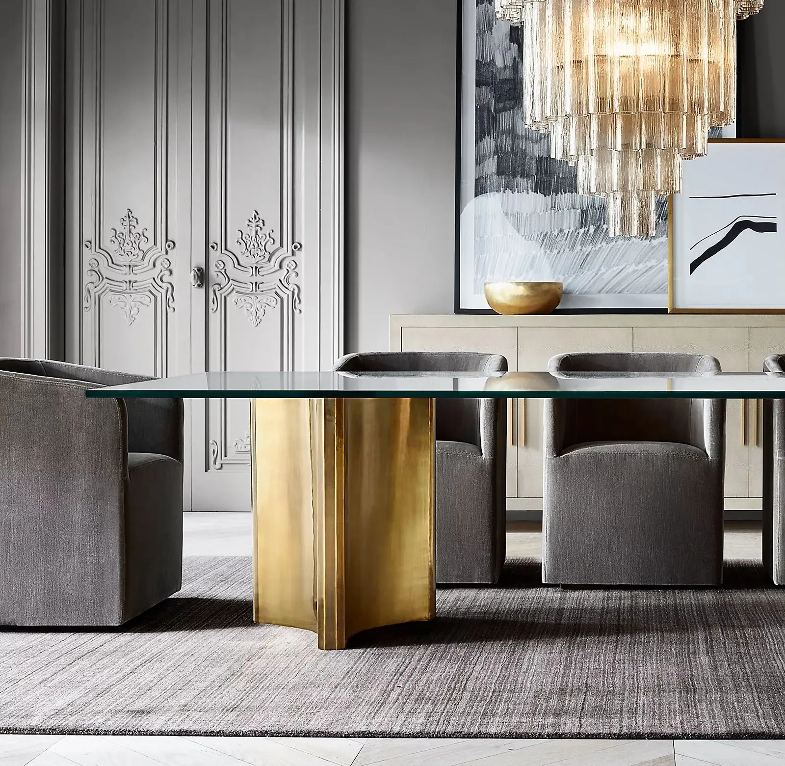 Modern luxury gold stainless steel dining table with glass top