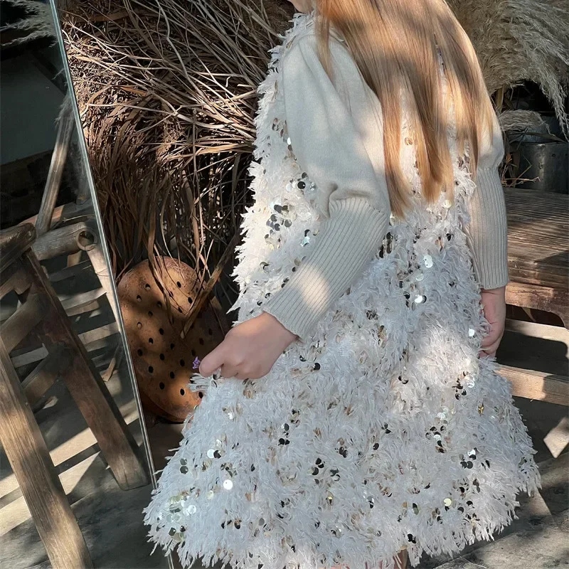 

New 2023 New Winter Baby Girls Sequin Tassel Vest Dress Children Thicken Birthday Party Princess Dresses