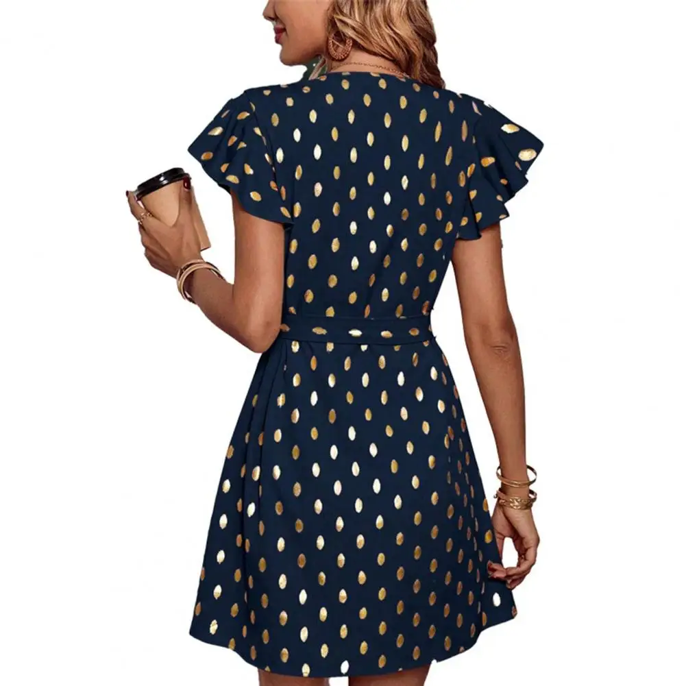 

Women Short Dress Stylish Summer Midi Dress with Flying Sleeves Lace-up Waist V Neck Contrast Color Dot Print A-line for Women