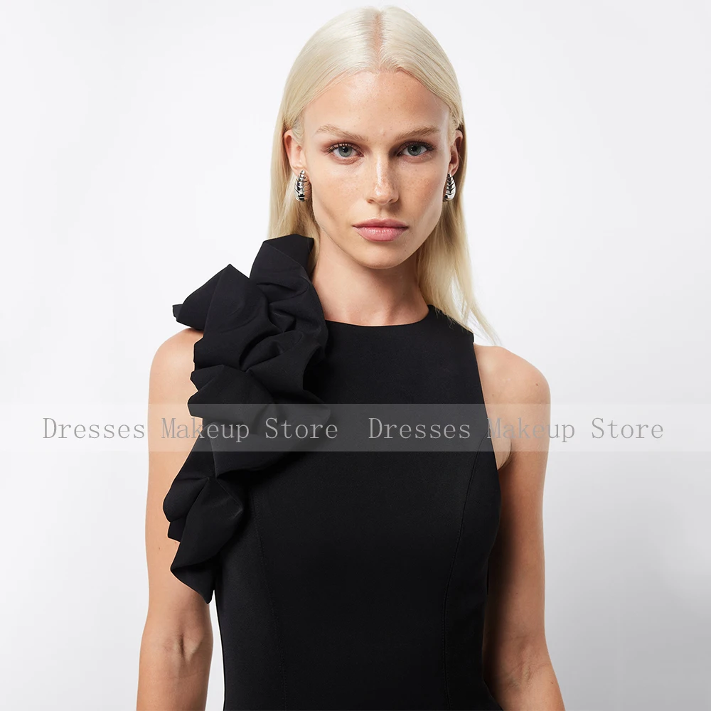 Black Prom Dress Maxi Ruffle O Neck A Line Ankle Length Simple Party Gowns for Women Sleeveless Pockets Evening Dresses