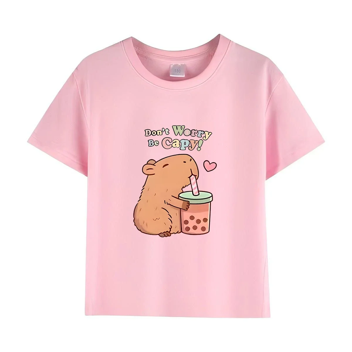 Capybara Kids Summer Cartoon Print 100% Cotton Short Sleeve Crewneck Casual Girls' Fashion Tee