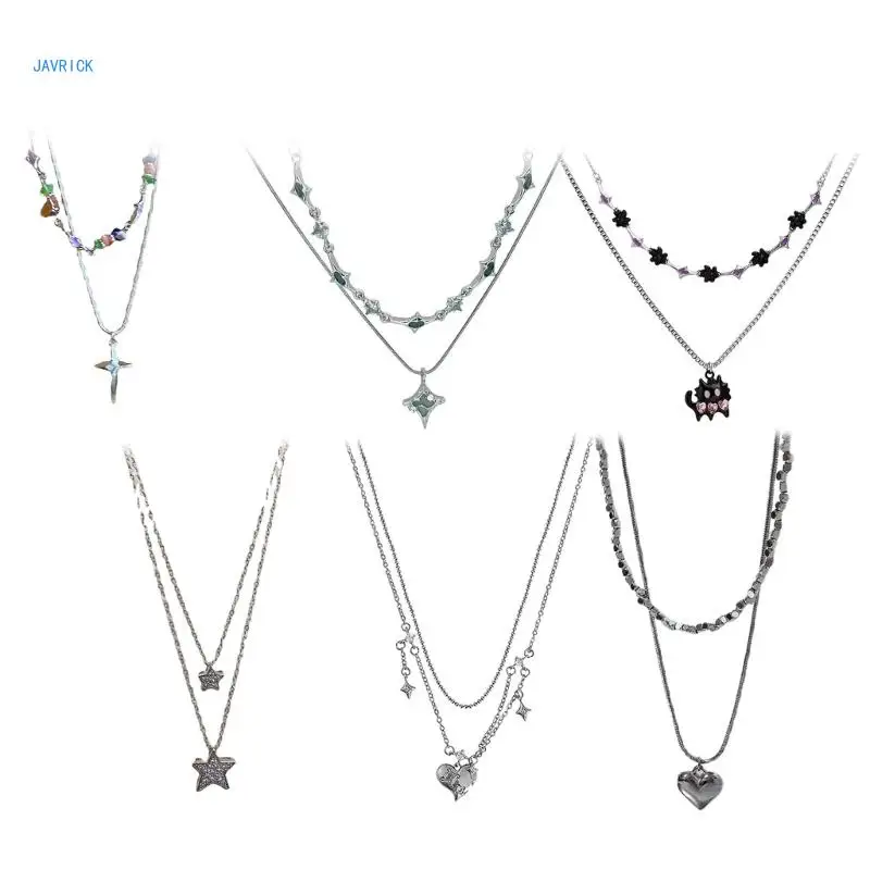 

Layered Chain Necklace Chip Gravel Bead Necklace Heart Pendant Necklace Jewelry