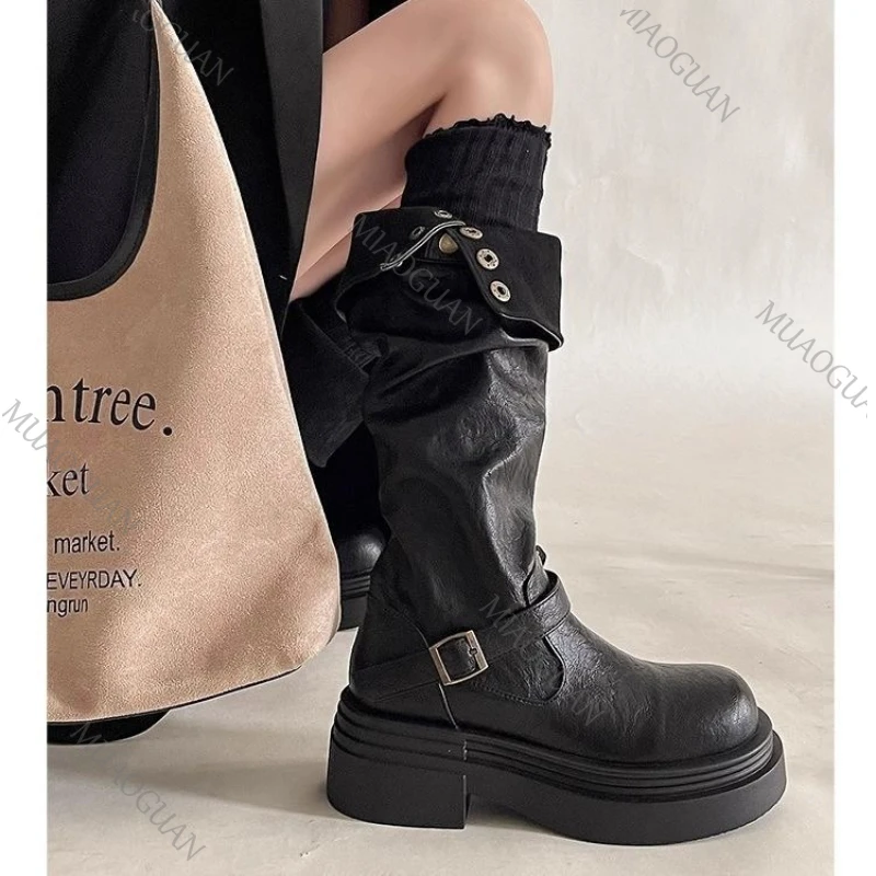 Women's Knee-high Platform Boots Synthetic Leather Motorcycle Style_voghion.com