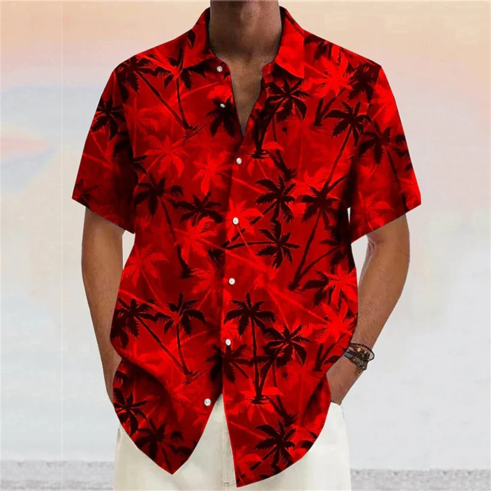 

2024 Hot selling men's solid color leaf 3D printed cardigan shirt Hawaii beach daily wear short sleeved lapel top