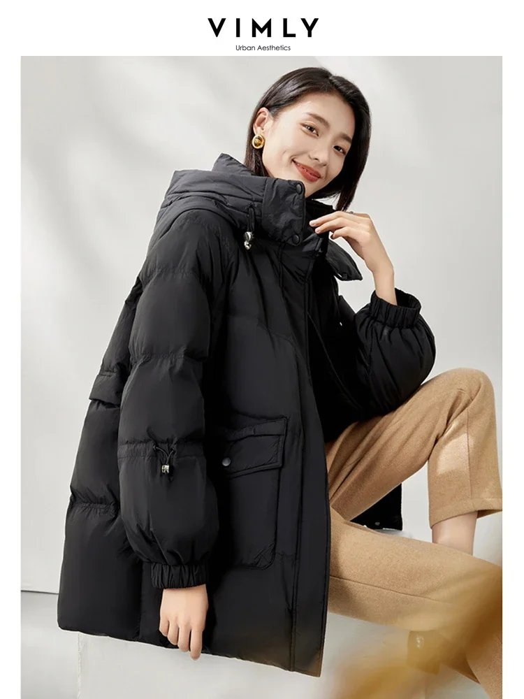 Vimly Black Hooded Zipeer Duck Down Coat 2023 Winter Lightweight Warm Thick Stand Collar Long Sleeve Women Jacket Clothing 50629