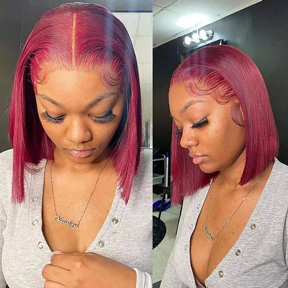 Burgundy Transparent Bob Human Hair Wig Image 5