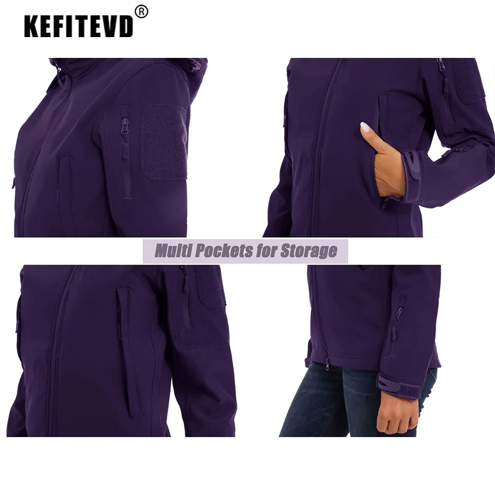 KEFITEVD Women Fleece Softshell Jacket Detachable Hood Spring Snow Ski Hiking Jogging Waterproof Outdoor Hoodie Windbreaker