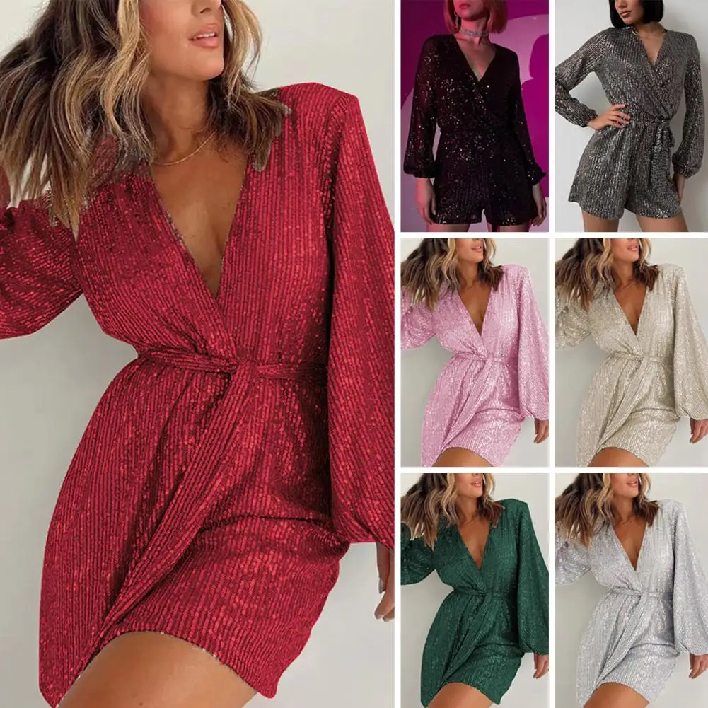 Loose Style Romper Sequin Belted Women's Romper with Deep V Neck Long Lantern Sleeves for Club Party Tight Waist Above Knee