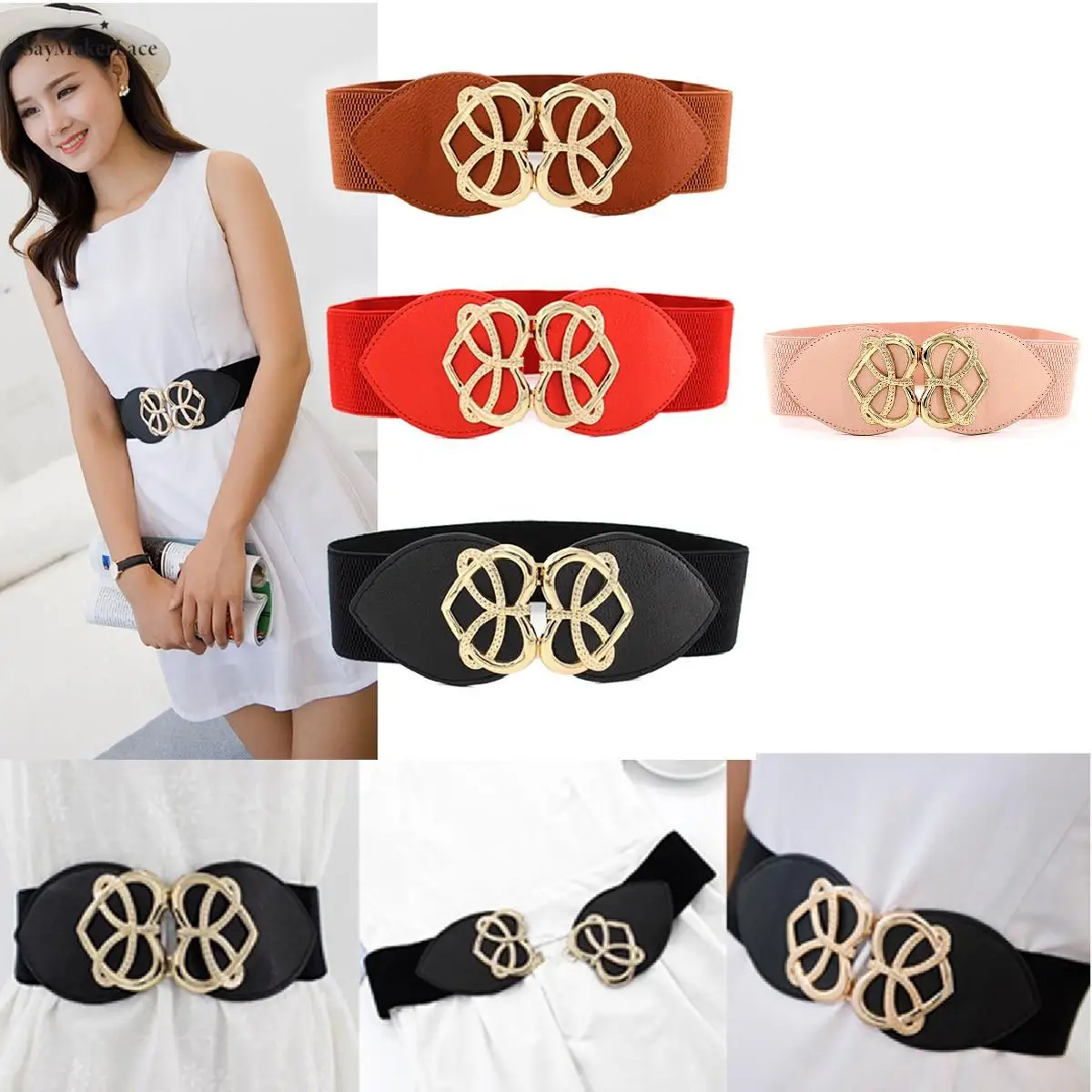 

1pcs Female Wide Waistband Opal Elastic Stretch Belt For Women Black Waist Cinch Band Dress Clothing Accessories