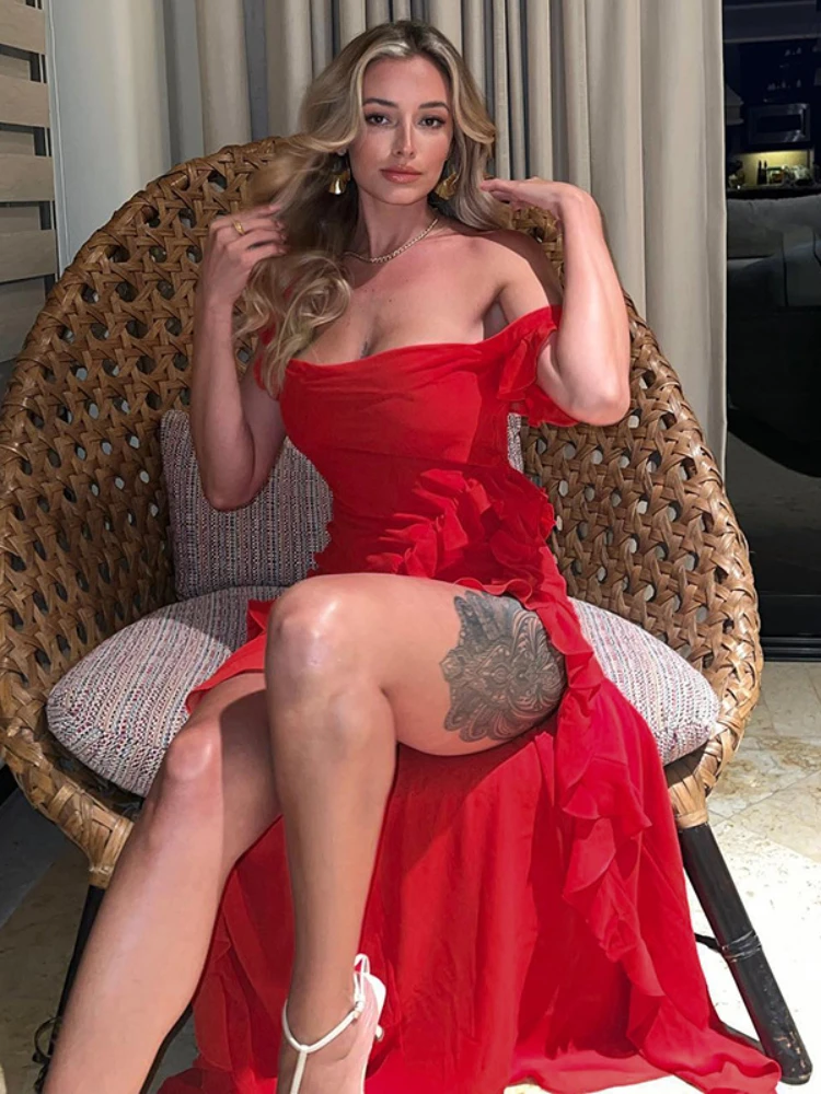 

WeiYao Summer Holiday Dress Women Ruffles High Split Bodycon Dress Elegant Party Evening Porm Dresses for Women 2023 Red Black