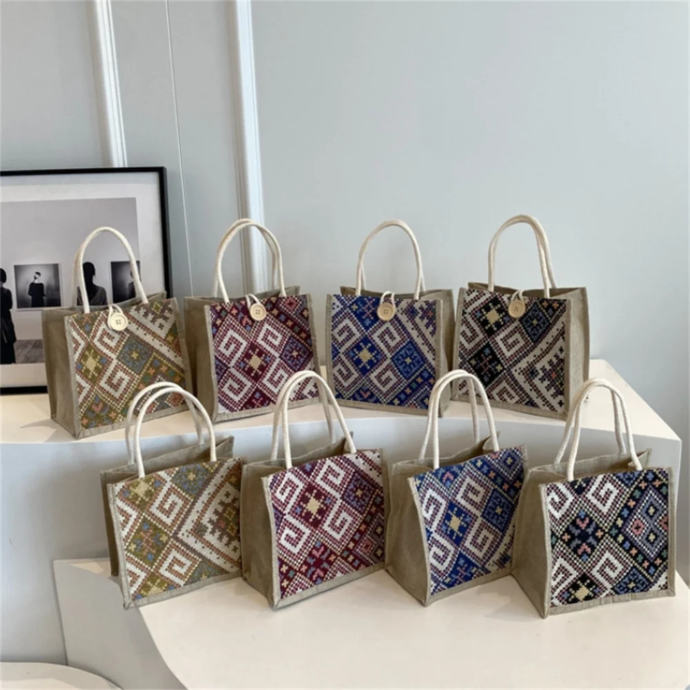 

New Linen Bag Women Ethnic Patterns Handbag Eco-Friendly Grocery Bag Gift Bag With Handle Portable Casual Button Tote Bag Pouch