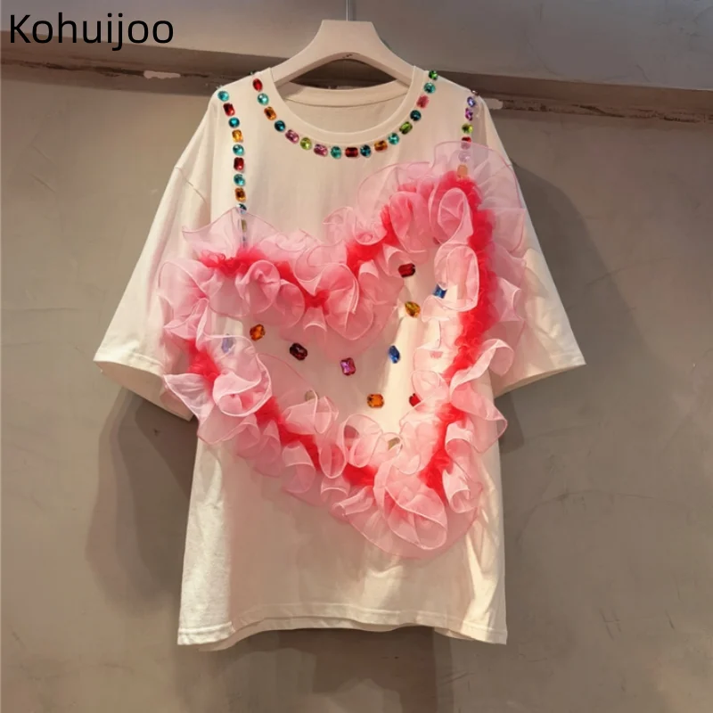 

Kohuijoo Summer New Heavy Beading T Shirt Women 2023 Short Sleeve Loose Ruffles Patchwork Mesh Casual Design Sweet Tops T-shirts