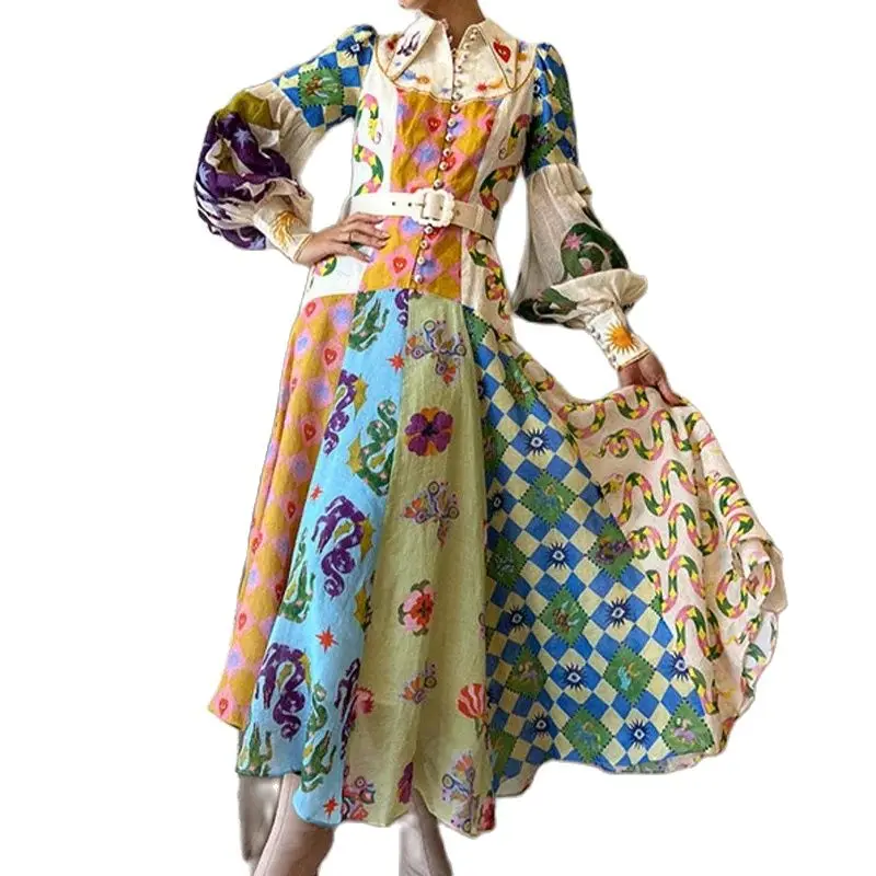 

2024 Spring Casual Women Long Sleeve Dress Elegant Lantern Sleeve Long Lapel Waist Tight Vintage Floral Print Lady Office Party