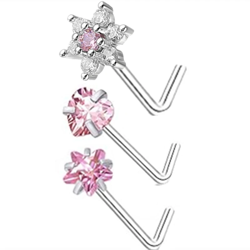 3PC Stainless Steel Nose Piercing Stud Set L Shape Pink
