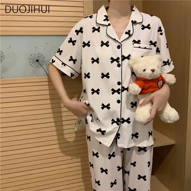 DUOJIHUI New Two Piece Sweet Casual Home Pajamas for Women Ins Spell Color Chic Cardigan Simple Pant Fashion Female Pajamas Sets