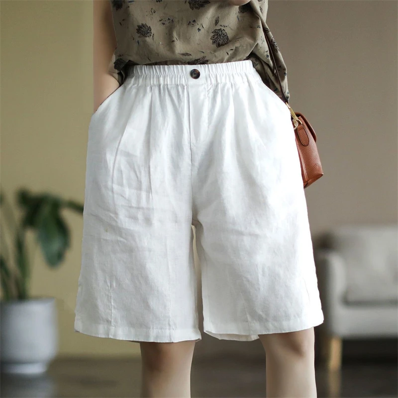 2024 Summer Women Vintage Simple Casual Cotton Linen Straight Short Pants Female Solid High Waist Pocket Loose Beach Shorts Ropa