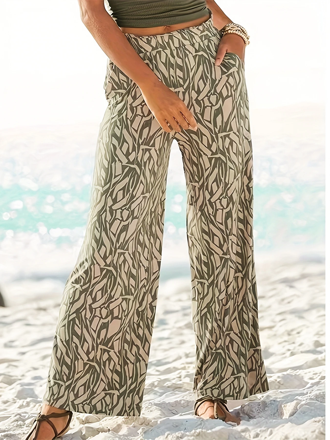 

Printed Wide Leg Pants Women's Elastic Mid Waist Long Pants Summer Casual Straight Trousers