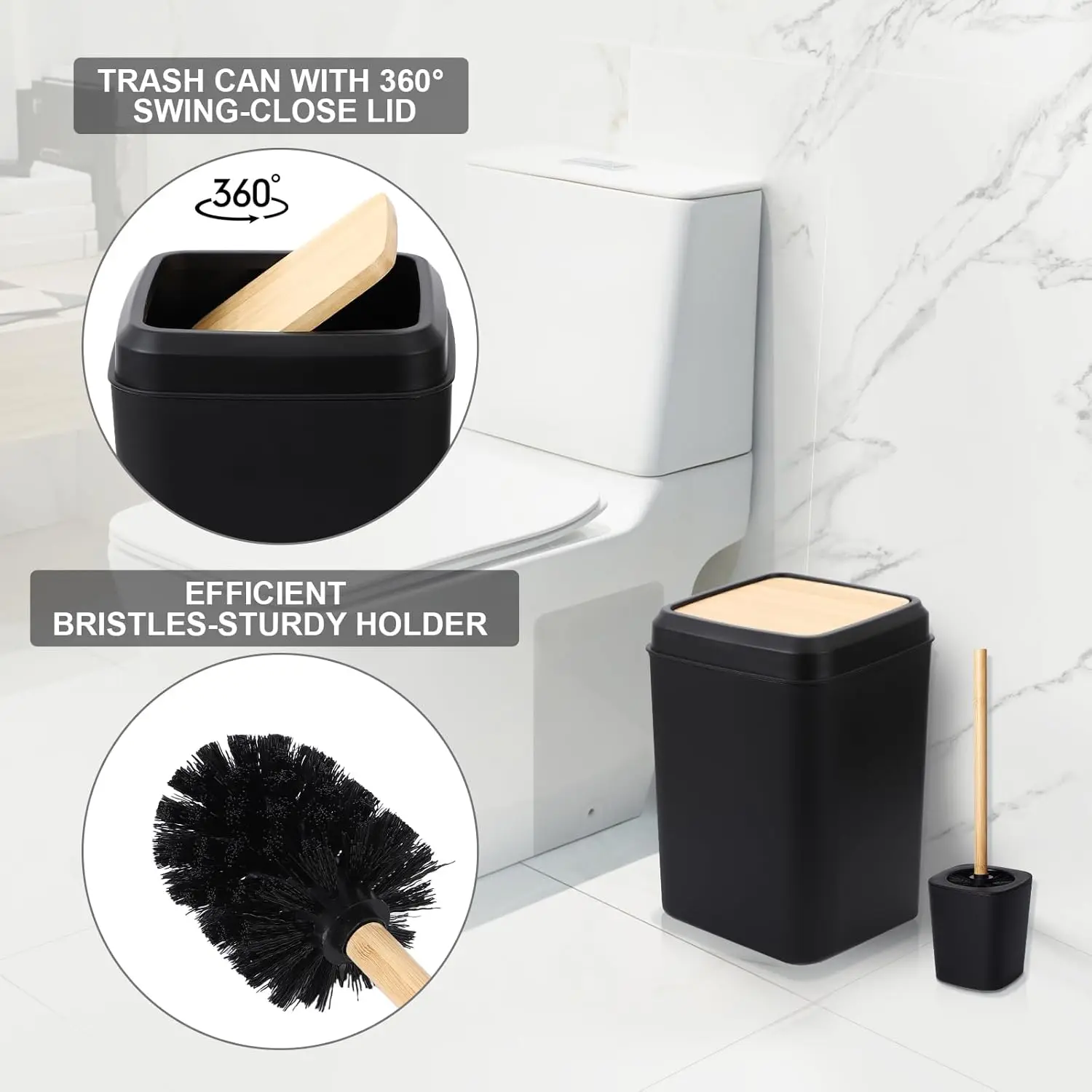 34PCS Black Bathroom Set. Shower Curtain, Rugs, Trash Can, Toilet Brush. 3PCS 17oz Soap Dispenser. Wall-Mounted.