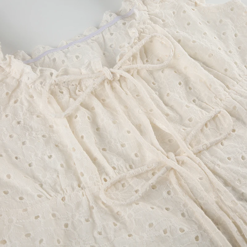 Jacquard Hollow Out Lace-up Cute Top Y2K Girls Short Sleeve Fitted Tee Shirt Ruffles Detail Square Collar Tops Women