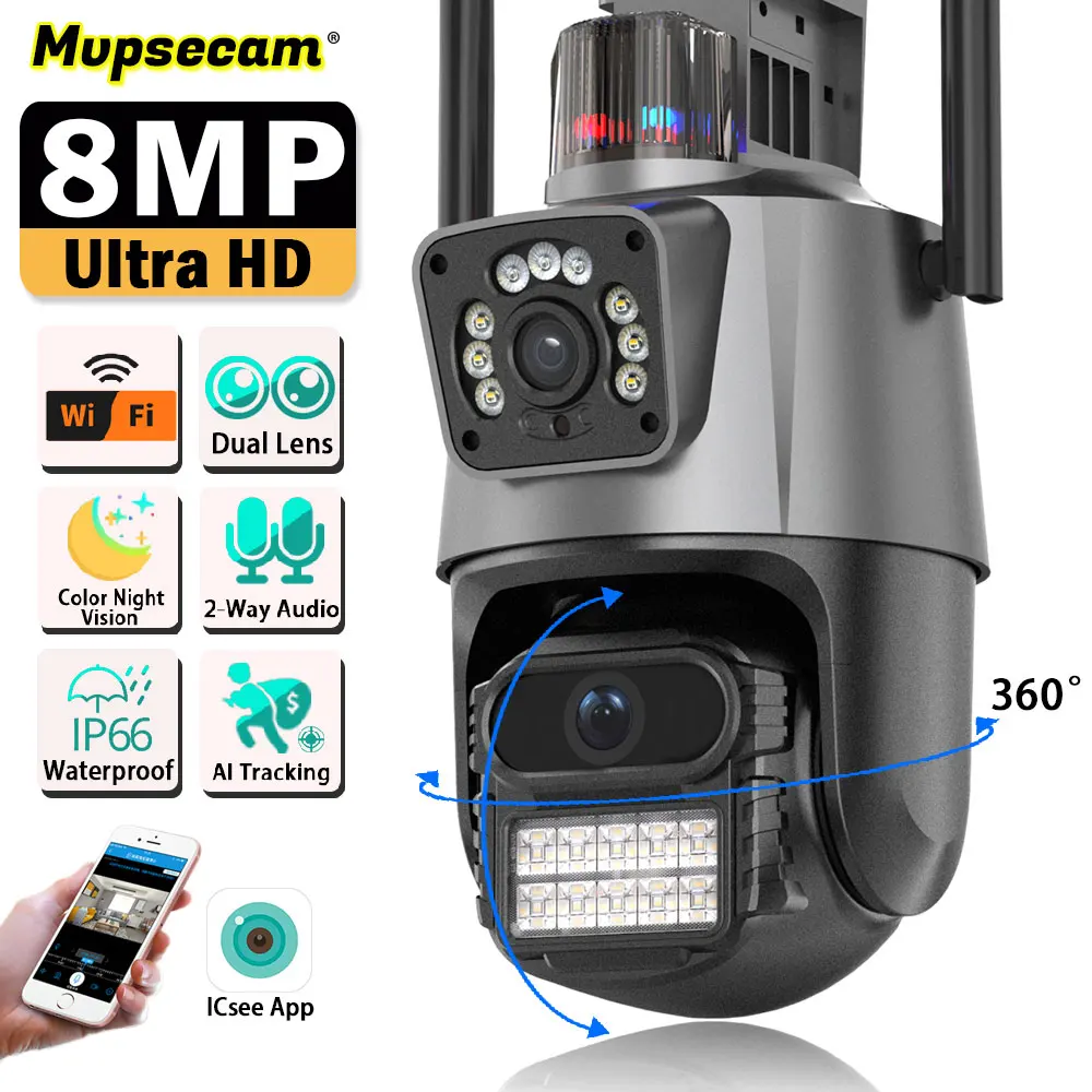 4K HD ICSee 8MP Dual Lens Outdoor Wireless Security Camera Alarm Light Color Night Vision CCTV Monitor WIFI Surveillance Camera