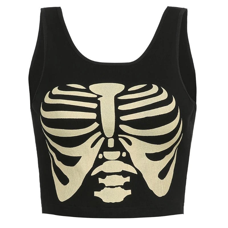 

Women Summer Gothic Punk Sleeveless Crop Top Harajuku Funny Sternum Breastbone Print Mini Vest Skeleton Graphic Casual Dropship