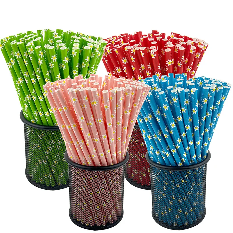 25pcs Home Kitchen Wedding Props Party Supplies Daisy Straw Paper Straws Disposable Decorations