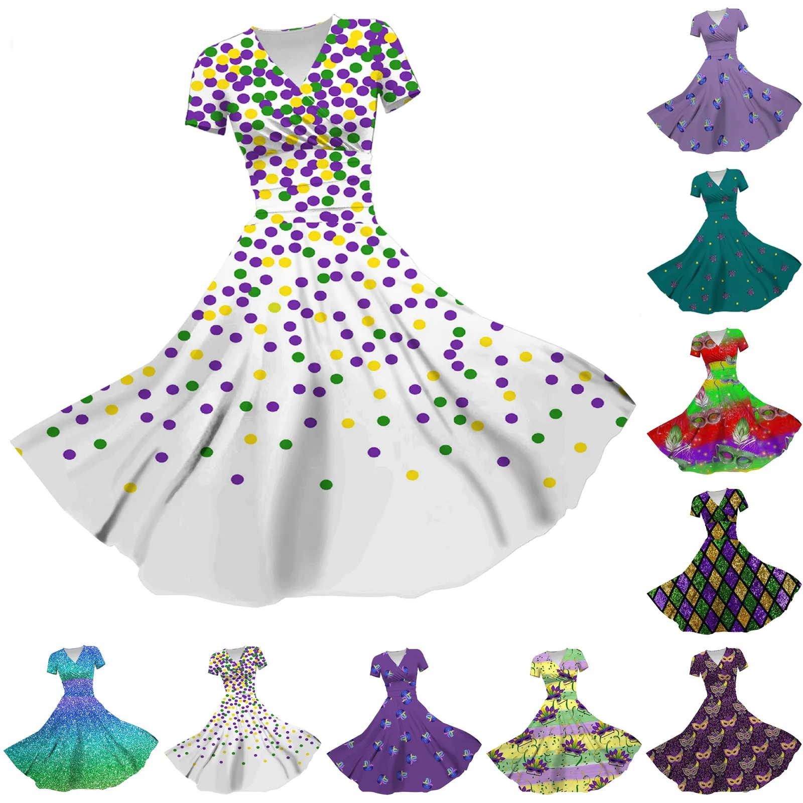 

Women's Princess Dress Sexy V-neck Print Waist Pull Pleated Short Sleeve Dress Mardi Gras Carnival Daily Casual Party Dress