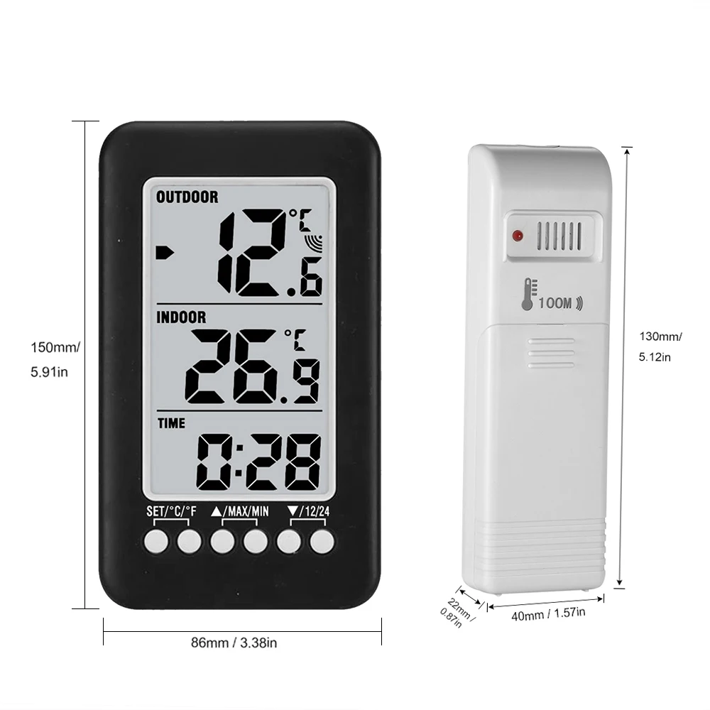 LCD 디지털 온도계 무선 실내 및 실외 온도계 시계 온도계, 송신기 포함, ℃/℉
