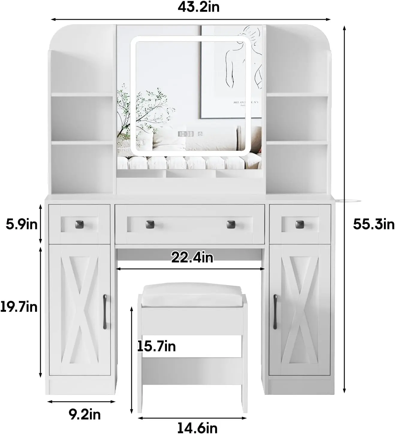 Vanity Desk with Mirror and Lights & Drawers Charging Station & Human Motion Sensing Makeup Vanity Table 2