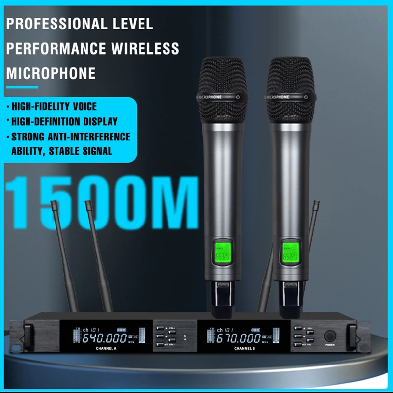 Microfono wireless professionale UHF Microfono per conferenze per spettacoli di nozze da palco per karaoke portatile in metallo a 2 canali