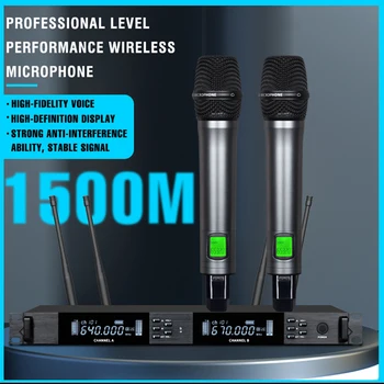 Microfono wireless professionale UHF Microfono per conferenze per spettacoli di nozze da palco per karaoke portatile in metallo a 2 canali